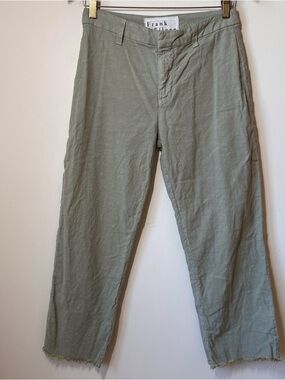 Frank & Eileen linen blend Kinsale pants light olive green raw hem pockets